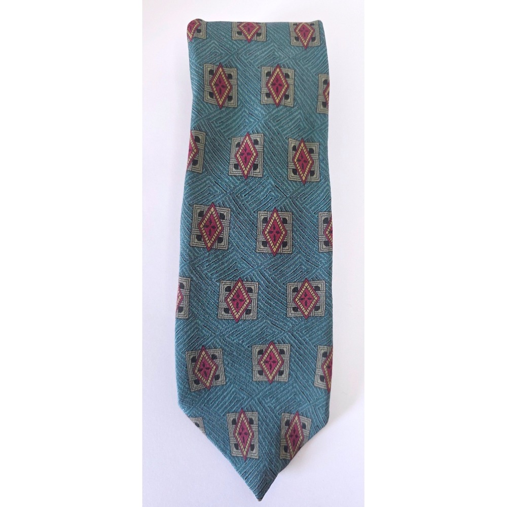 VTG Karl Lagerfeld Silk Tie Teal‎ Blue Burgundy Geometric Diamond Pattern 3.75"
